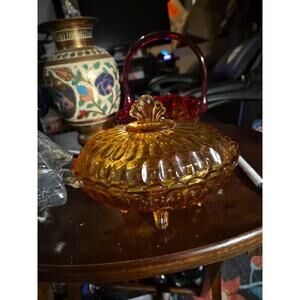 Vintage Fenton Honey Amber Thumbprint Footed Candy Dish w/Lid 7"x5" oval